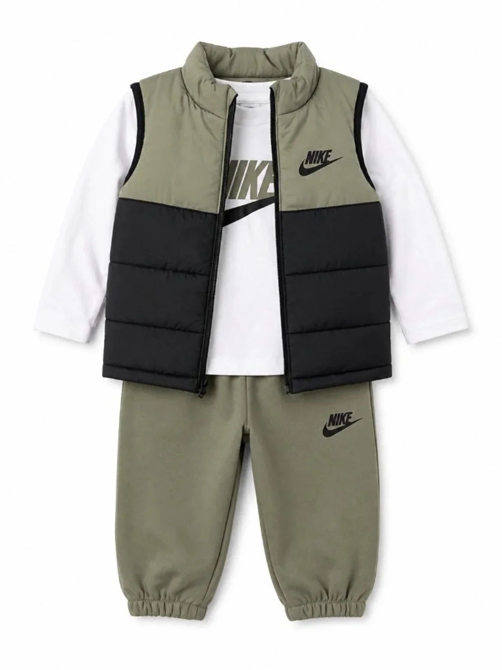 NWT Nike Baby Boy Jogger Set with Puffer Vest Size 12 Months Green Gray 3 Piece